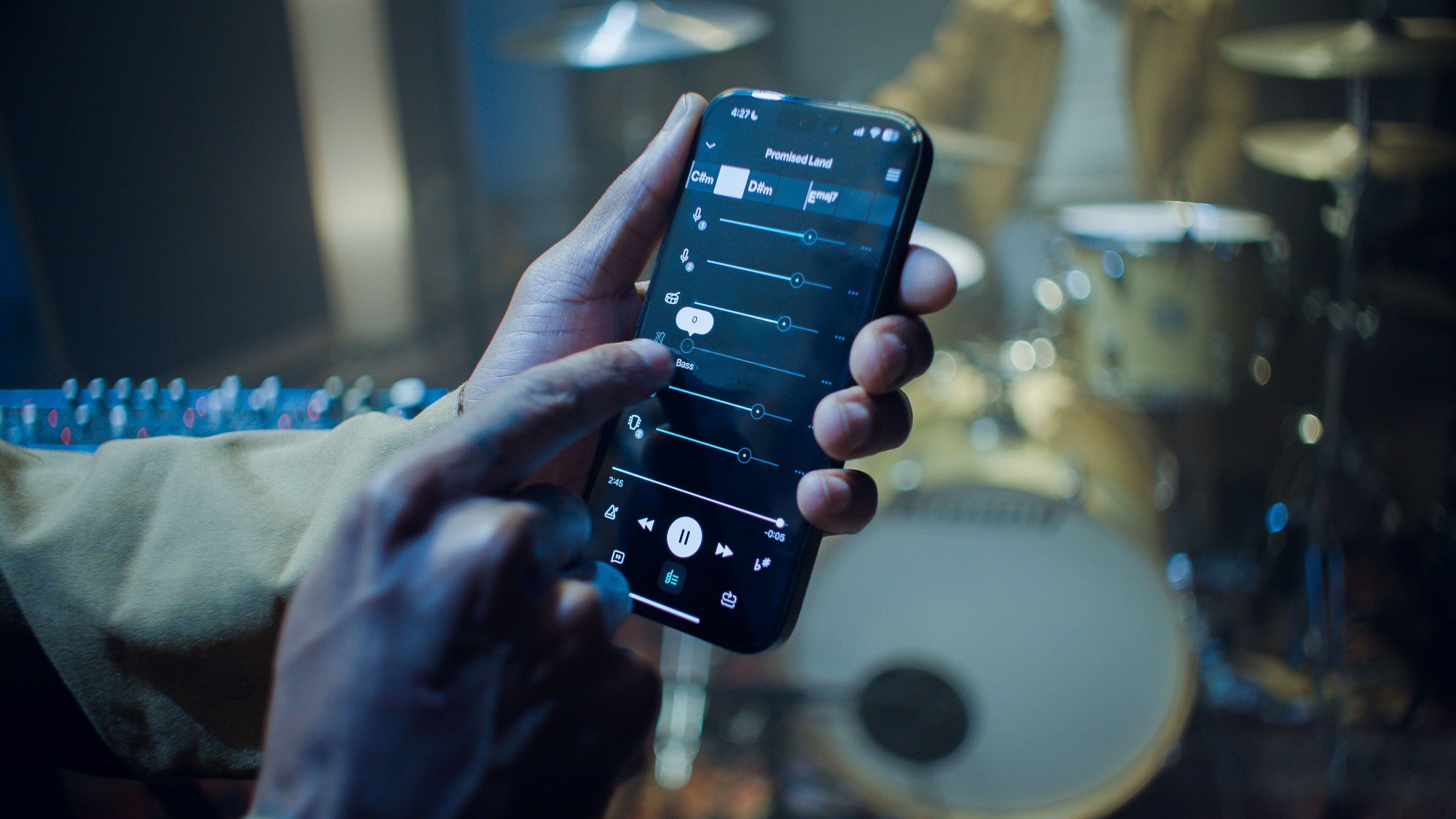 A close-up of Moises in use on iPhone, illustrating the simplicity and control of adjusting stems with just a few taps. © 2025 Moises. All rights reserved.