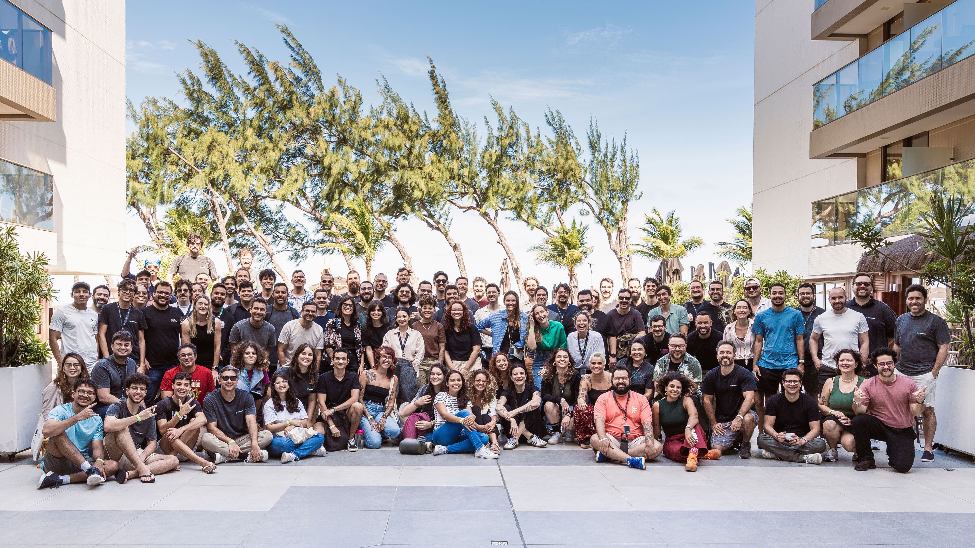 A group photo of the Moises team taken during our 2025 Company Offsite in João Pessoa, Brazil, professionally captured to reflect the diverse, talented people behind the product. © 2025 Moises. All rights reserved.