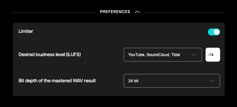 Preferences section on the Moises mastering feature, with limiter, iLUFS, and bit depth settings.