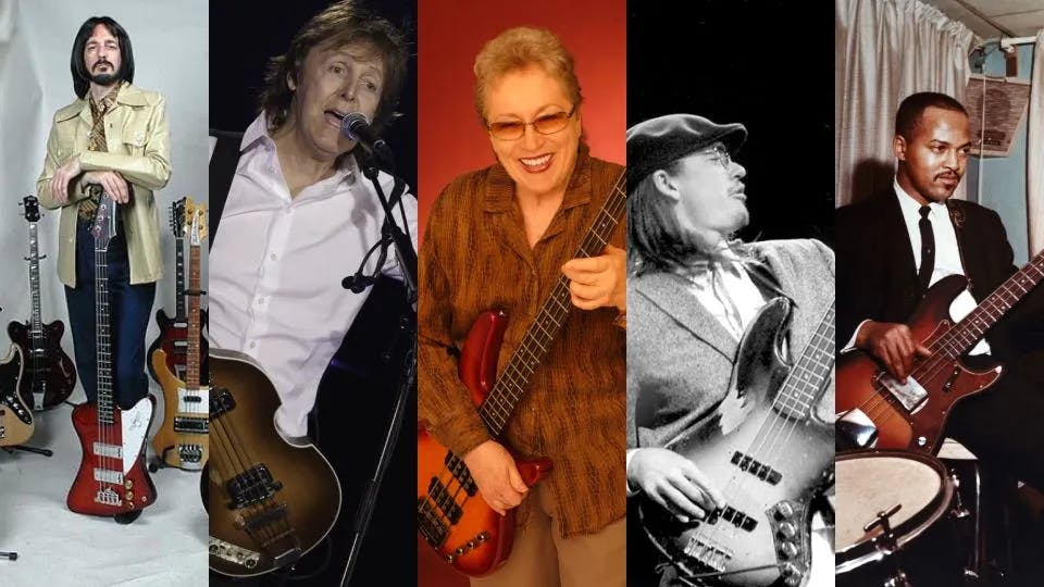 Photo montage of bassists James Jamerson, Jaco Pastorius, Carol Kaye, Paul McCartney, and John Entwistle
