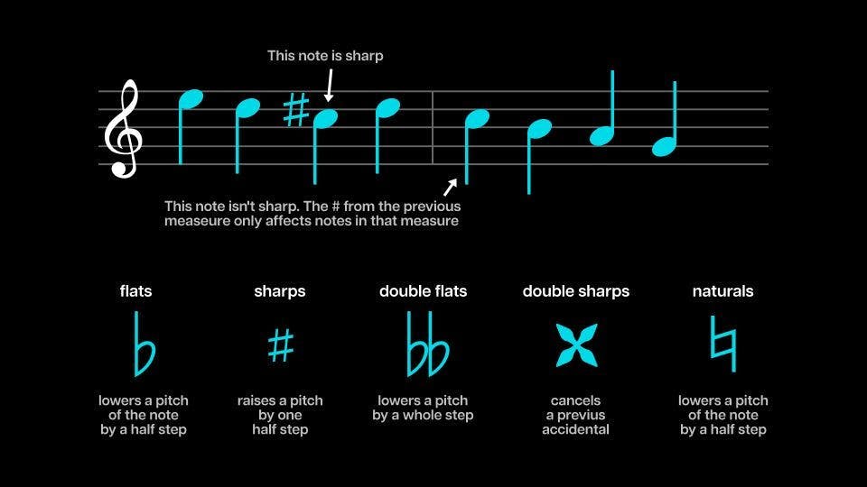 Key signatures (or accidentals): flats, sharps, double flats, double sharps, and naturals.