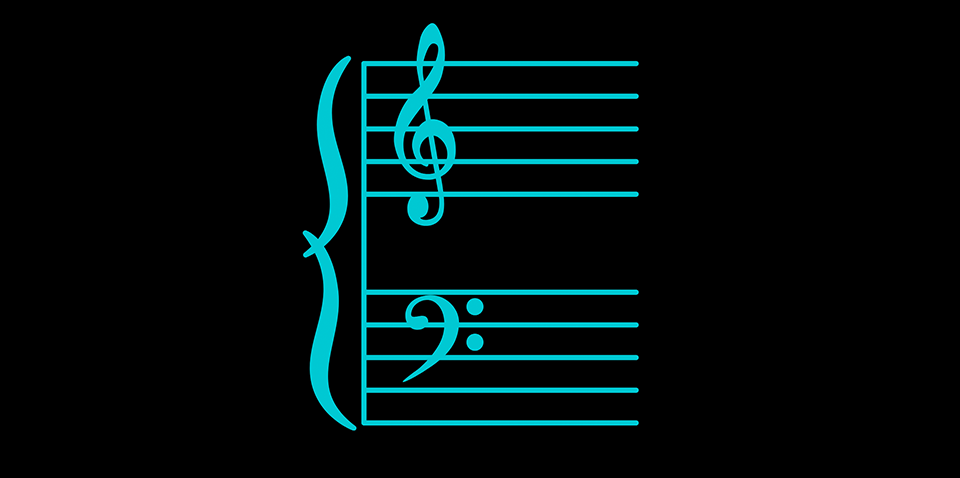 Grand staff with a top treble clef and a bottom bass clef.