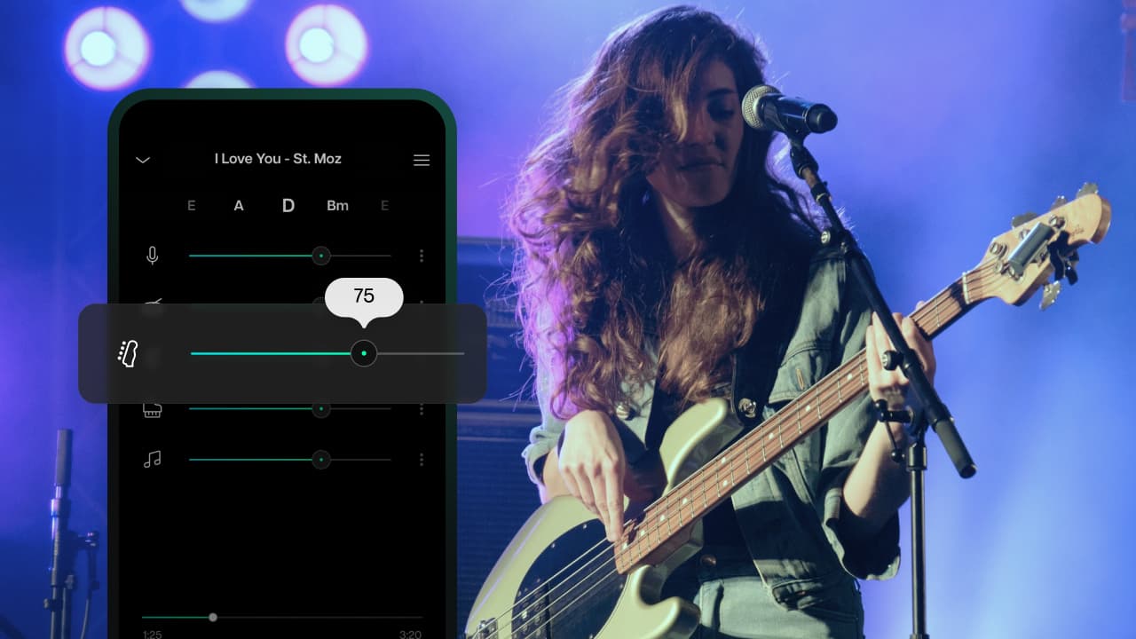 Woman playing bass in concert